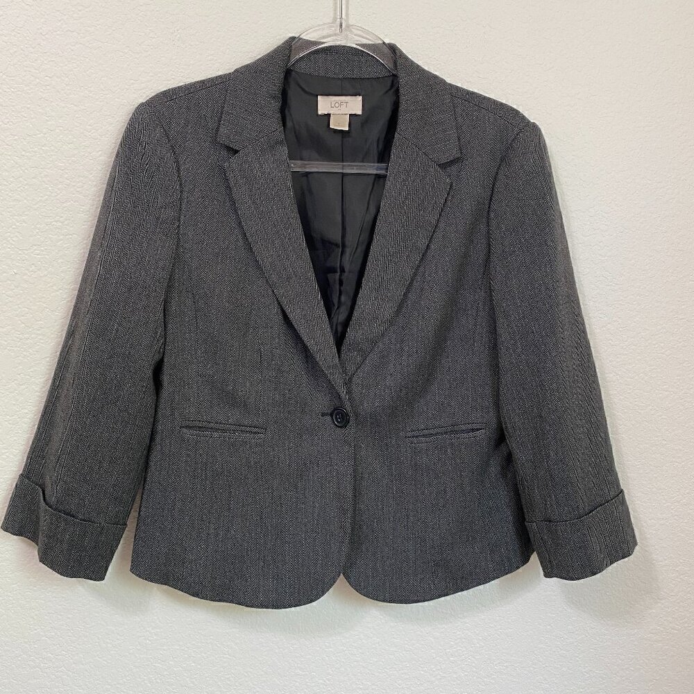 LOFT Gray Black Herringbone Blazer Size 8 Corpcore